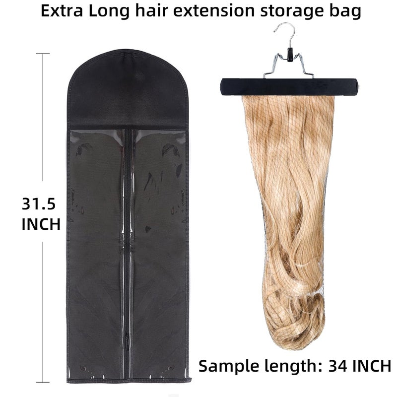 Modpion Extra Long Hair Extension Hanger Kit Double Side Anti-Slip Hair Extension Holder with Long Portable Protection Suit Bag (Black) - Image 3
